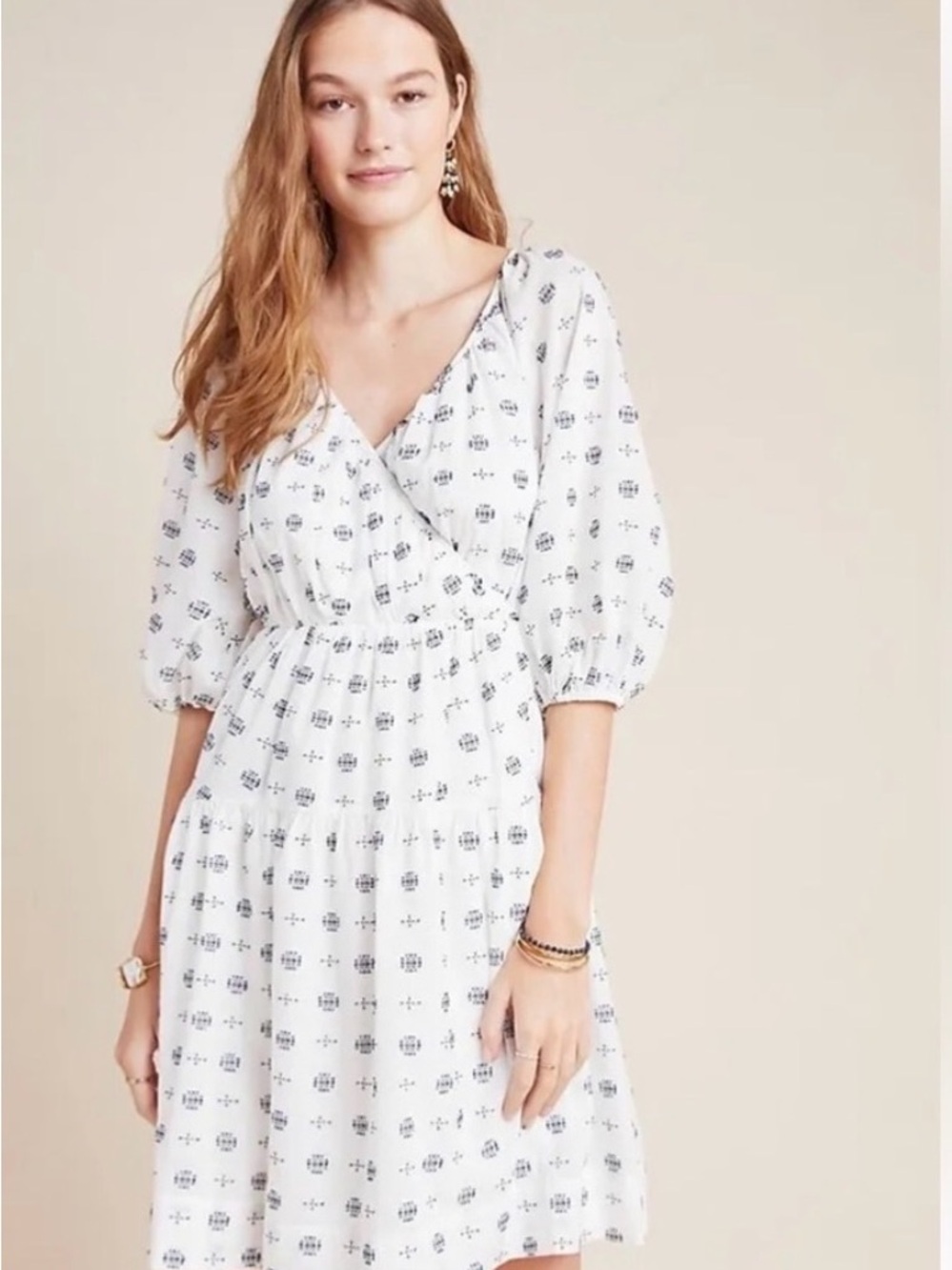 Anthropologie Marcie White Midi Dress with Navy Motif NWT Size Medium